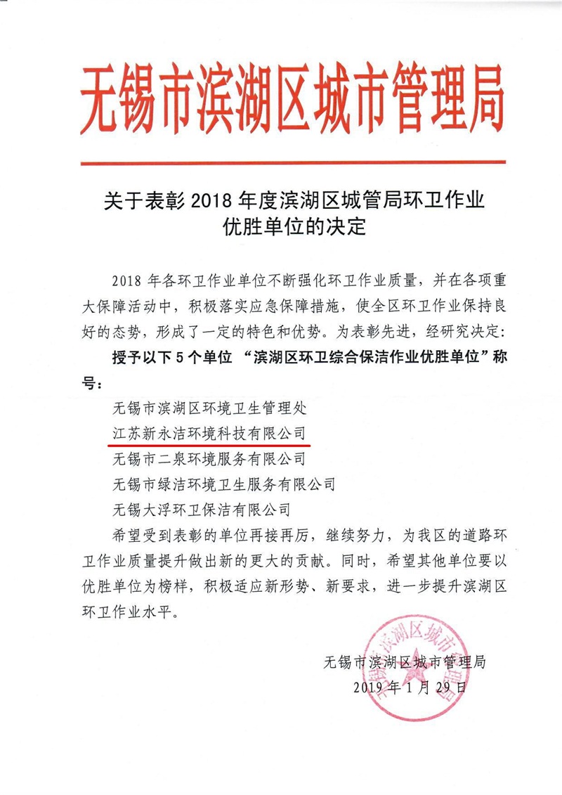 2018年度濱湖區(qū)城管局環(huán)衛(wèi)作業(yè)優(yōu)勝單位