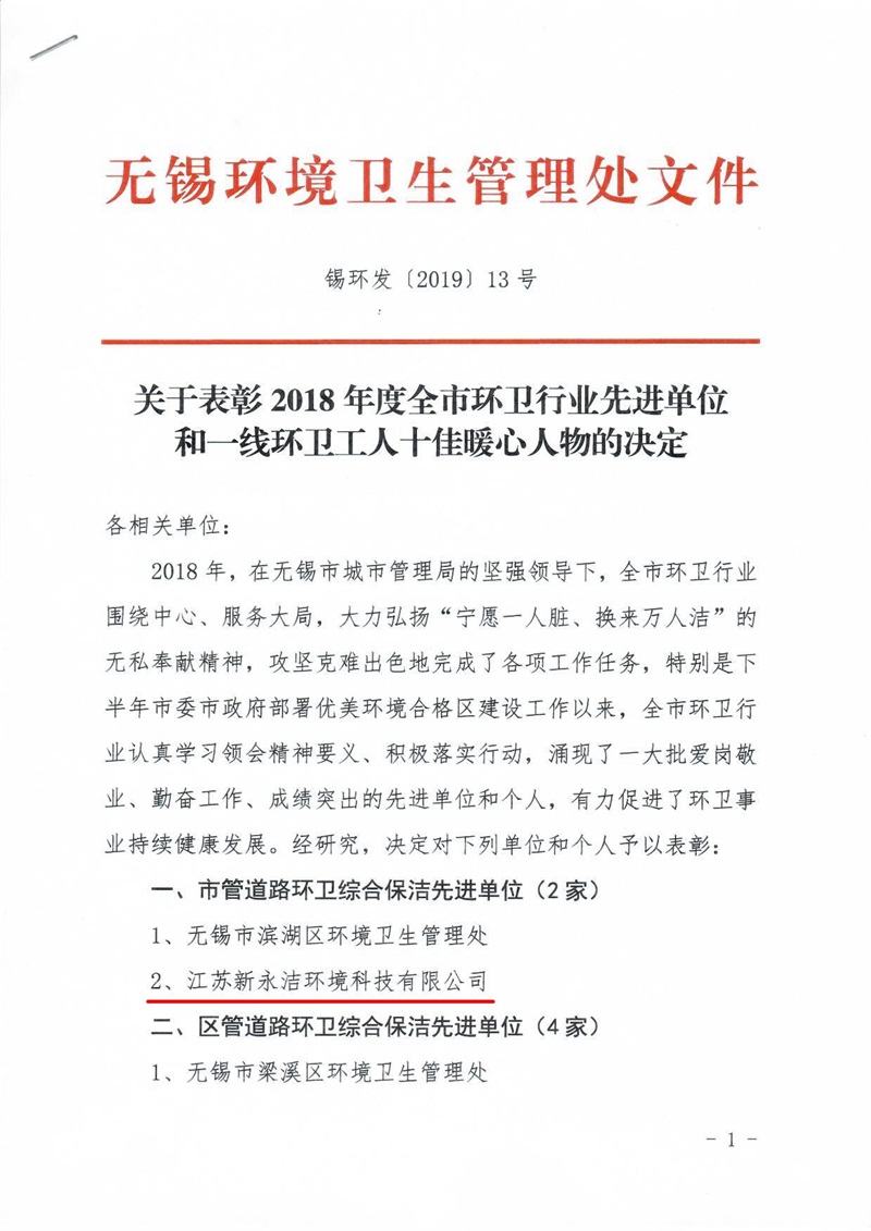 2018年度市管道路環(huán)衛(wèi)綜合保潔先進(jìn)單位